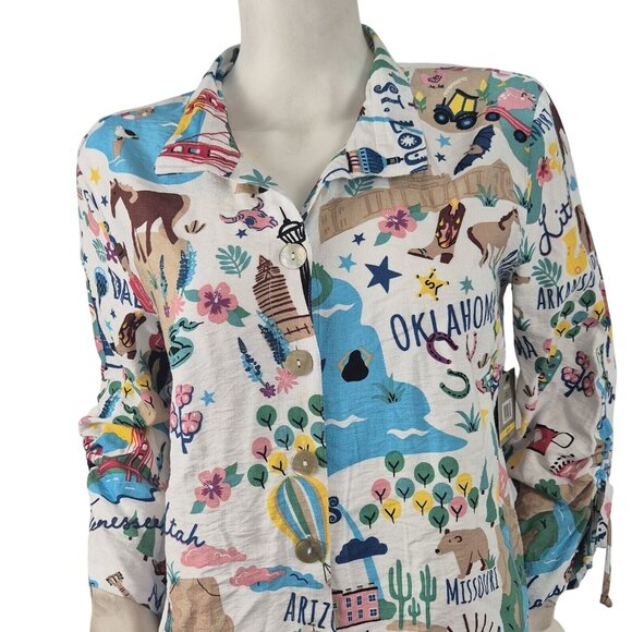 John Mark Womens  Retro American Cities 3/4 Sleeve Button Up Shirt  Size 2X 53 - Picture 1 of 14